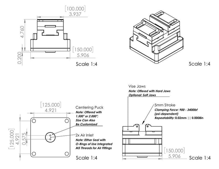 4" (100mm) Rotary AutoVise™ - Self-Centering CNC Air Vise for 4th Axis